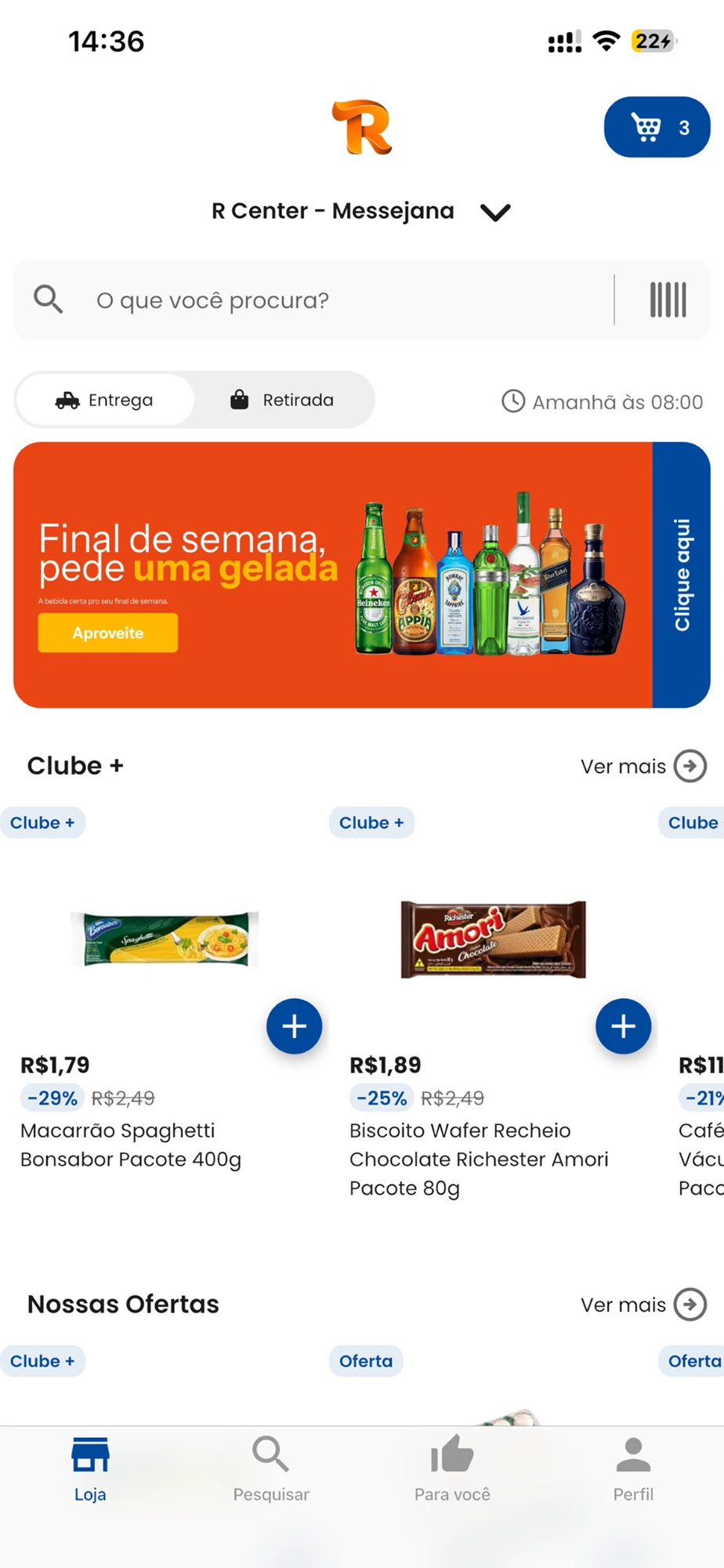 Tela inicial do app R Center na loja Messejana, com opção de entrega ou retirada, ofertas do Clube e busca de produtos