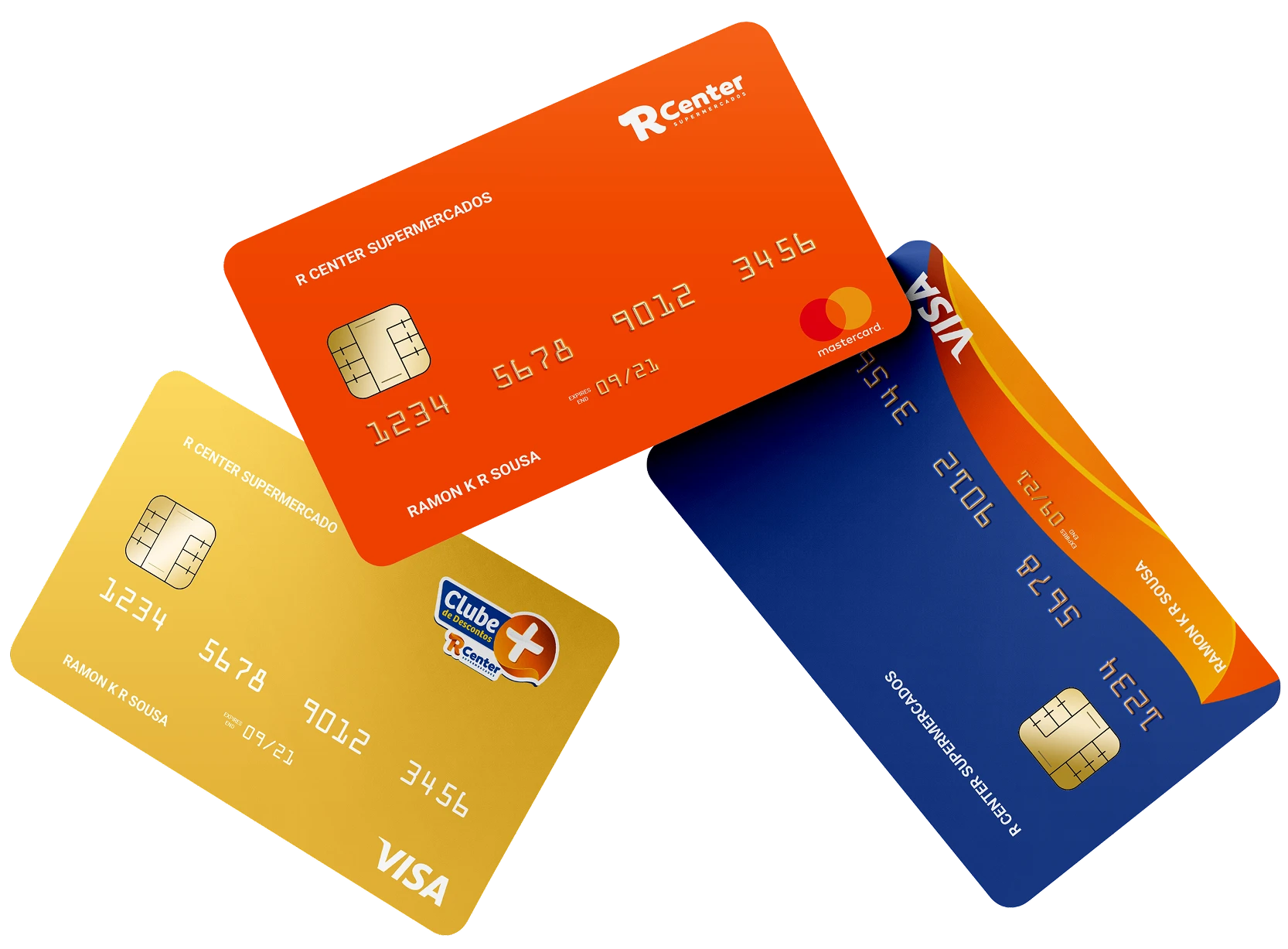 Três modelos do Cartão R Center: laranja Mastercard, dourado Visa com o selo do Clube de Descontos e azul Visa