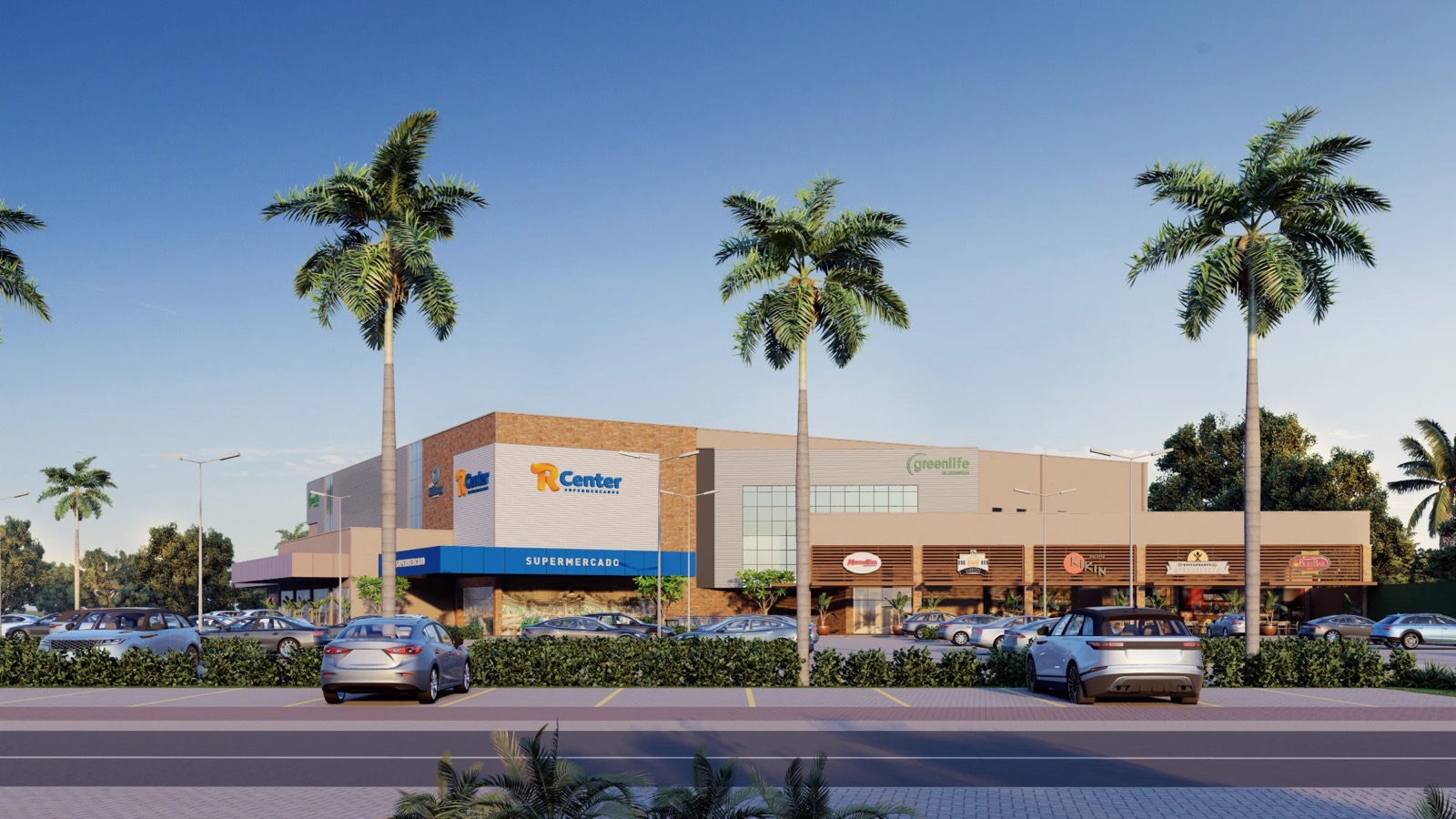 Projeto da fachada da nova loja R Center no Vita Park Mall, com o letreiro da marca, a marquise azul escrita Supermercado e palmeiras no estacionamento