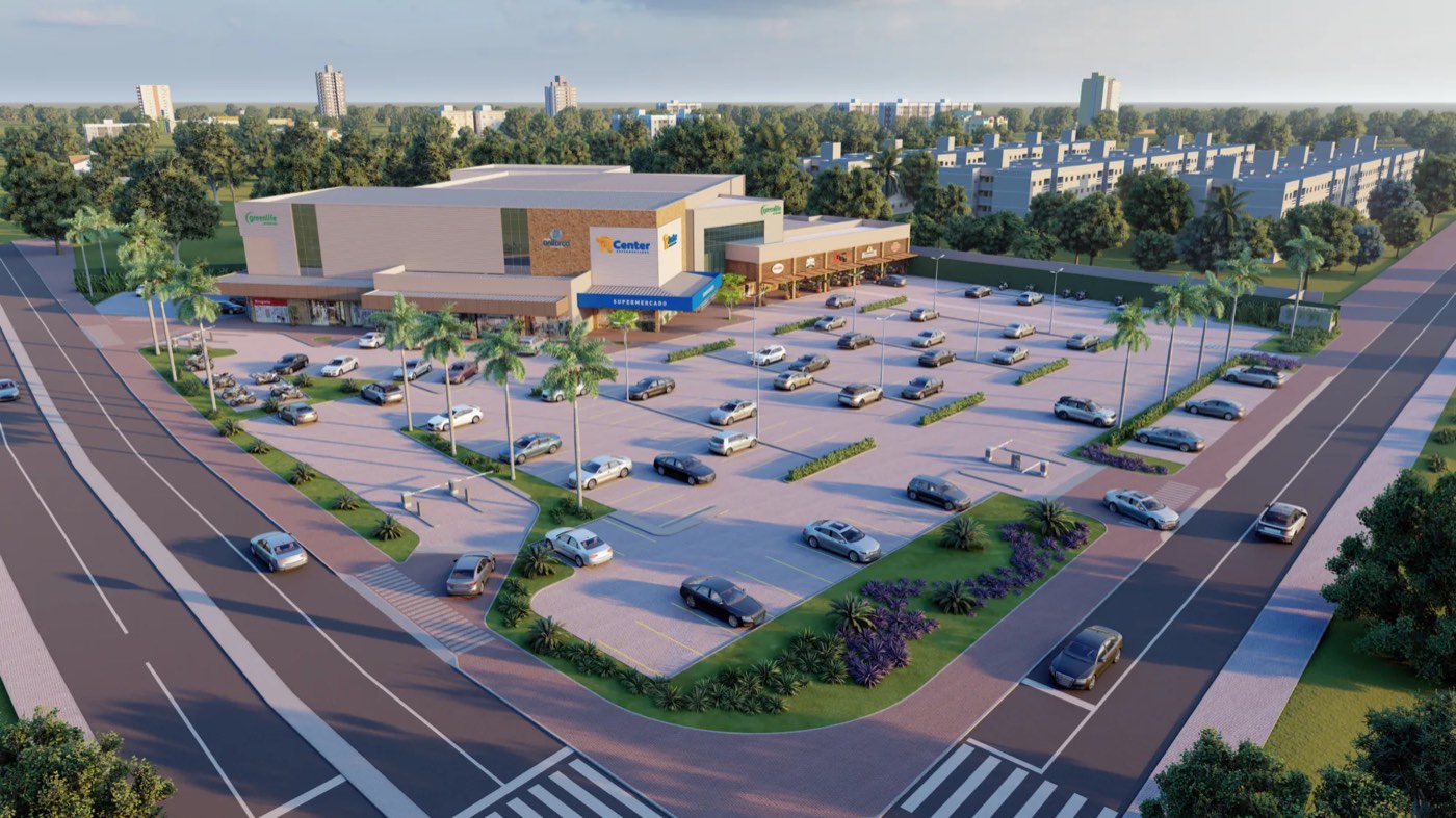 Projeto em 3D do Vita Park Mall visto do alto, com a fachada do R Center, a academia Greenlife, as lojas e o estacionamento arborizado